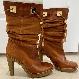 Michael Kors Tan Leather & Suede Boots Gold Tassels MK Signature Detail Size 9